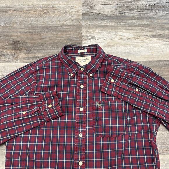 Abercrombie & Fitch Red Blue Plaid Mens XXL Americana Muscle Button Down Shirt - Picture 1 of 11